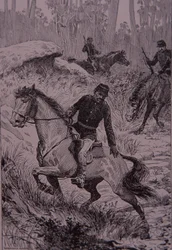 Zwarte speurders achtervolgen struikrovers in Australië (gravure)
