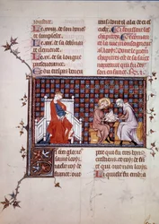 Blanche de Castille, koningin van Frankrijk (1188-1252), leidt de opvoeding van haar zoon Lodewijk IX (1214-1270) (Saint Louis) Miniatuur uit een manuscript “Leven en Wonderen van Saint Louis” door Willem van Saint Pathus. 1320. Parijs, B.N.