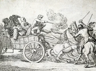 Rovers die passagiers op een kar aanvallen. Gravure door een anonieme 18e-eeuwse kunstenaar.