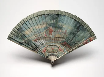 Brisé waaier met een scène van twee koppels in een landschap, ca. 1700-25