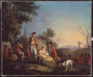 Britse infanteristen van een koninklijk regiment in een kampement