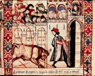 Stierengevecht: de stier doodt in de arena tijdens de traditionele feesten van Plasencia in Spanje, Zang 144. Miniatuur uit de hymne van Sint Maria