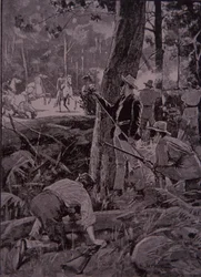 Bushrangers, Australische bandieten, beroven een goudtransport (gravure)
