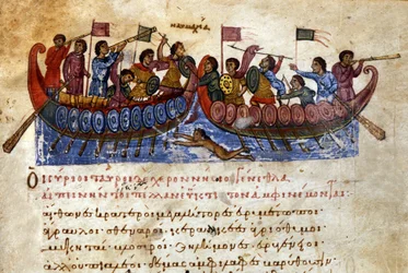 Byzantijnse zeeslag. Een aanvalszwemmer valt het vijandelijke schip aan. Manuscript uit de 11e eeuw. Venetië, bibl. Marciana.