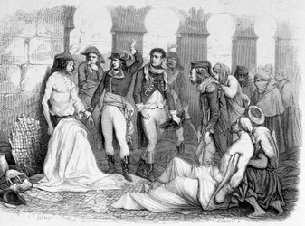 Campagne (Expeditie) van Egypte (1798-1801): Generaal Bonaparte bezoekt het pestziekenhuis in Jaffa, Egypte. Gravure 19e eeuw