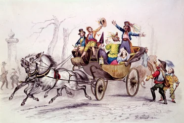 Carnaval. Verklede feestvierders op een wagen. Gravure uit 1846. Parijs, carnavalsmuseum