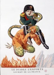 Cartoon over Napoleon Bonaparte gedragen door de duivel: Moge de duivel de wens van Frankrijk vervullen - in Napoleon I, karikaturen, dummy collectie. 1814 - 1815. B.H.V.P.