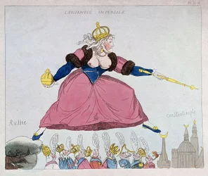 Catherine-II springt van Rusland naar Constantinopel over Europese vorsten, karikatuur, late 18e eeuw
