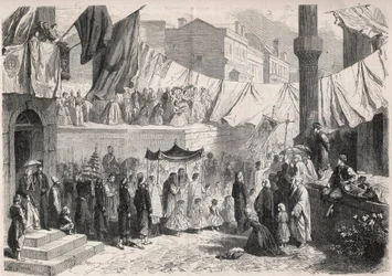 Katholieke processie in de straten van Constantinopel ter gelegenheid van het Fête-Dieu - Gravure in 