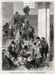 Katholieke boetelingen beklimmen de heilige trap naar Rome. Gravure ter illustratie van het verhaal van Ludovic Celler; de Heilige Week in Rome