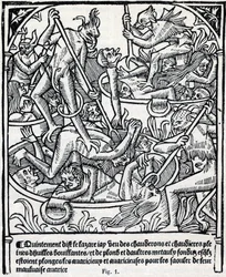 Ketels vol kokende olie en lood waarin duivels de hebzuchtigen onderdompelen om hen dronken te maken van hun slechte hebzucht. Beschrijving van Lazarus van de hel. Facsimile van 