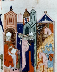 Ceremonie van het aannemen van het habijt van een miniatuurmonnik uit "Decretum Gratiani" daterend uit 1140 en regelend de wetten en canons van de Rooms-Katholieke Kerk. 14e eeuw Cesena, Biblioteca Malatestiana