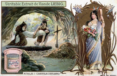 Chactas en vader Aubry begraven Atala en portret van de heldin - Scène uit Atala of De liefdes van twee wilden in de woestijn, door François René de Chateaubriand (1768-1848) - Liebig chromolithografie
