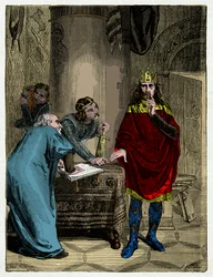 Karel de Grote dicteert zijn capitularia aan zijn minister Alcuin (732-804), gravure 19e eeuw