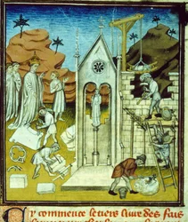 Karel de Grote bezoekt de bouwplaats van een kathedraal