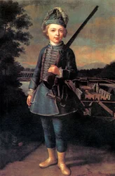 Charles-Joseph de Ligne op ongeveer 10-jarige leeftijd in een fantasie-uniform, voor het kasteel van Beloeil