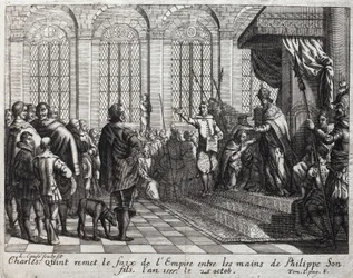 Karel V (1500-1558) droeg het keizerlijke ambt over aan Filips II (Felipe) (1527-1598), zijn zoon, op 25 oktober