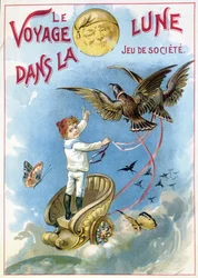 Kind meegenomen in een wagen getrokken door vogels naar de maan: De Reis naar de Maan - speldoos, 19e eeuw