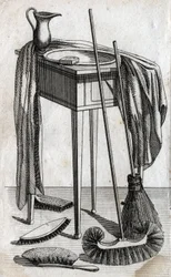 Schoonmaak- en reinigingsaccessoires: zeep, waskom, bezem en borstels. Gravure eind 18e eeuw. Privécollectie