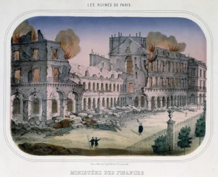 Commune van Parijs: Brand in het Ministerie van Financiën (ten tijde van de Tuilerieën) op 24 mei 1871. Gravure uit de 19e eeuw.