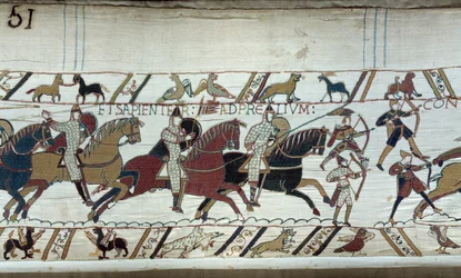 Verovering van Engeland door de hertog van Normandië Willem de Veroveraar (1027-1087) in 1066: het begin van de Slag bij Hastings (detail)