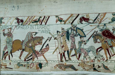 Verovering van Engeland door de hertog van Normandië Willem de Veroveraar (1027-1087) in 1066: de dood van koning Harold II door een pijl in het oog bij de slag bij Hastings (detail)