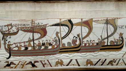 Verovering van Engeland door de Normandische hertog Willem de Veroveraar in 1066: de Normandische vloot nadert de Engelse kust bij Pevensey (detail)