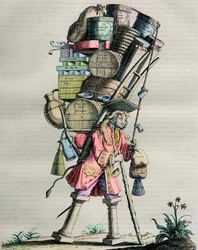 Kostuums van Parijs door de eeuwen heen - Gravure nr. 81 getiteld Admire la Force - Karikatuur gemaakt door apothekers tegen Armand Nompar II de Caumont (1679-1761) Hertog van La Force beschuldigd van monopolie in 1721