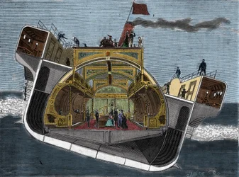 Doorsnede van een boot ontworpen tegen zeeziekte door Henry Bessemer (1813-1898). Gravure 19e eeuw.