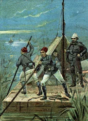 Oversteek van de moerassen van Bahr el Ghazal in Afrika door de Marchand-missie in 1899. Liebig chromolithografie van de 19e eeuw