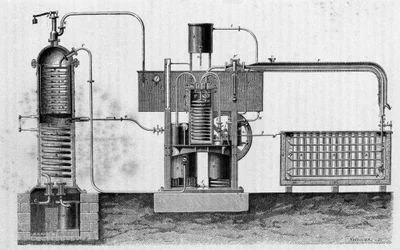 Snijden van de industriële apparatuur voor de vervaardiging van ijs van Ferdinand Carré. Gravure uit de 19e eeuw.