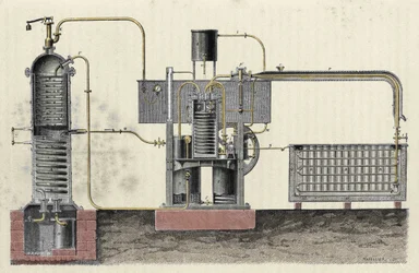 Snijden van het industriële apparaat van Ferdinand Carre (1824-1894) om ijs te maken. Gravure uit de 19e eeuw