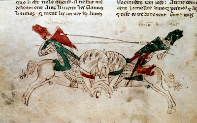 Cyclus van Koning Arthur: Slag van Lancelot en Tristan. Miniatuur uit De roman van Meliadus de Leonnoys: samen met verschillende andere nobele daden van ridder gedaan door Koning Arthur, Palamedes en Galliot de Pre door Rustichello