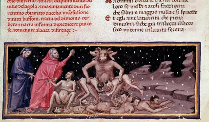 Dante en Virgil ontmoeten Ciacco en Cerberus met de gulzigen (lied 9 uit de Hel, in de Goddelijke Komedie) - miniatuur