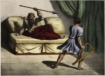 David speelt de cither voor koning Saul om hem te kalmeren. Anonieme gravure uit het midden van de 19e eeuw