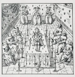 Dood van Karel IX op 30 mei 1574 op 24-jarige leeftijd - in Collection of 39 figures representing the calamities of France from 1562 to 1586 Louis Perrin imprimerie