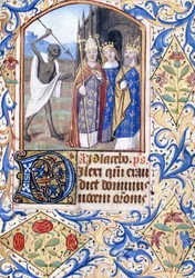 De dood met zijn speer wijzend naar drie figuren, een paus, een koning, een koning en een koningin, staand voor een gotische kerk, c.1470