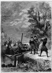 Denis Papin (1647-1712) natuurkundige, wiskundige en Franse uitvinder, bekijkt zijn boot uitgerust met zijn nieuwe uitvinding, een stoommachinesysteem dat nog onbekend is, vernietigd door schippers om enkele stukken te verkopen. Gravure in "La Nature"