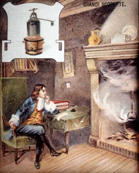 Denis Papin (1647 - 1714) uitvinder van de pot. (voorloper van de snelkookpan) 19e-eeuwse chromolithografie.