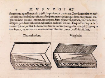 Beschrijving van Klavecimbel en spinet. Pagina uit Musurgia seu praxis musicae