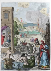 Verschillende metamorfosen, op de voorgrond Scylla en de zeegod Glaucos verliefd op haar, op de achtergrond de opgehangen Iphis afgewezen door Anaxarete. Illustratie uit boek XIV van “Metamorfosen” (Metamorfosi) door Ovidius (43 v.Chr.-17 n.Chr.). Gravure