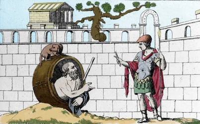 Diogenes de Cynicus (413-327 v. Chr.), Grieks filosoof, zegt vanuit zijn ton tegen Alexander de Grote: „Laat mij mijn zon zien.”