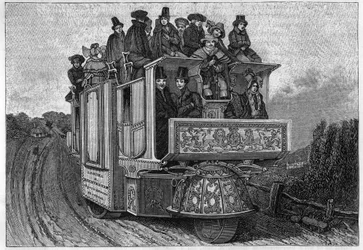 Driewielige mechanische auto van dokter Ghurch gebouwd in Birmingham in 1833. Italiaanse gravure uit de 19e eeuw.