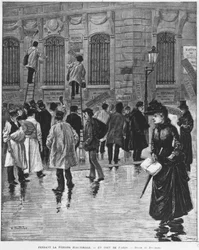 Tijdens de verkiezingsperiode in Parijs; posterplakkers tijdens de verkiezing van 27 januari 1889, hoogtepunt van de bakkerijcampagne - Musee Carnavalet.