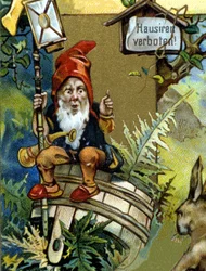 Dwerg of farfadet met lantaarn. 19e eeuw chromolithografie.