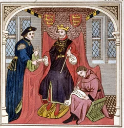 Edward III (1312 - 1377) ontving Graaf Guy van Vlaanderen. Gravure uit het einde van de 18e eeuw. Bibliotheek van Brera, Milaan