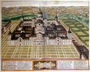 Gravure van het paleis van het Escorial in Spanje. 17e eeuw