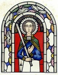 Gravure die het glas-in-loodraam van Sint-Timotheüs voorstelt, uit de kerk van Neuviller