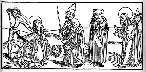 Episode uit het leven van Sint Jacobus de Meerdere: de heilige wordt onthoofd onder het oog van Herodes Agrippa, koning van Judea. Gravure uit 