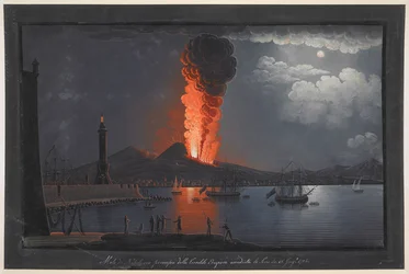 Uitbarsting van de Vesuvius. Nachtelijk tafereel, met een groep figuren die de uitbarsting van de Vesuvius aan de overkant van de Baai van Napels aanschouwen, vuurtoren links, schepen rechts en stad en vulkaan op de achtergrond.